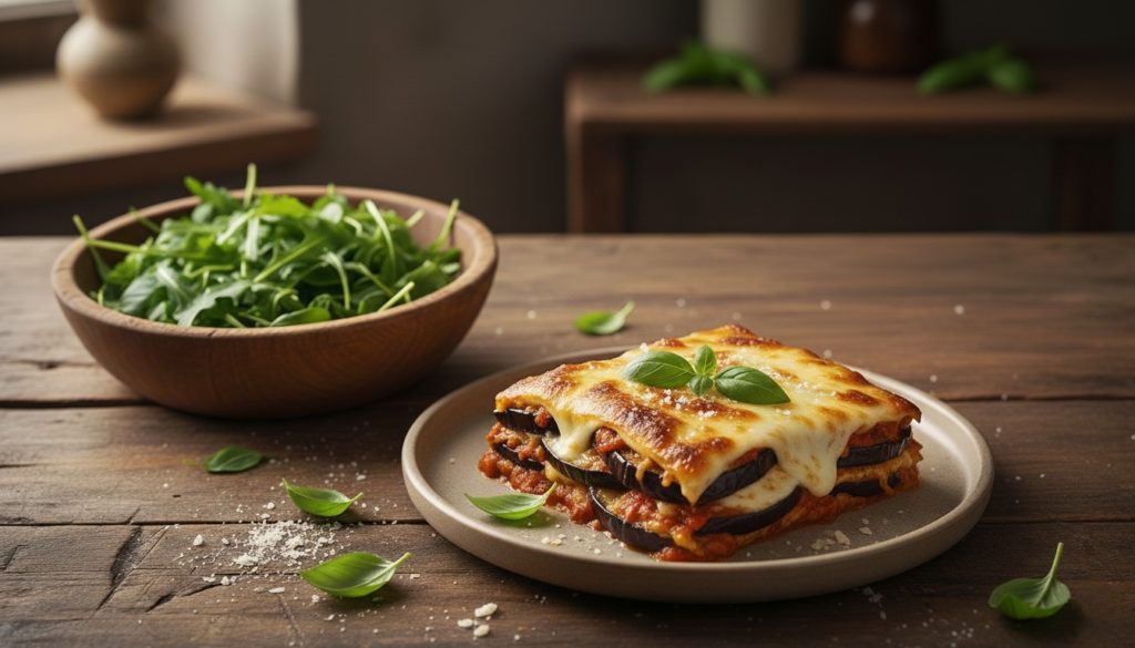 Parmigiana i rukola na stolu